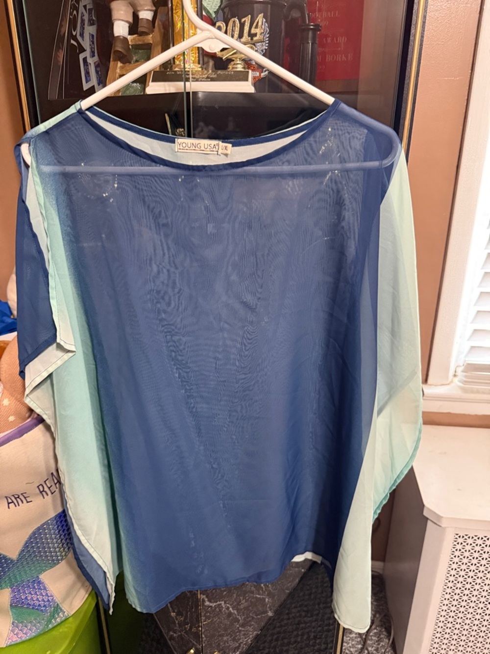 Young USA Sheer Navy Blue Top with Mint Colorblock Sleeves